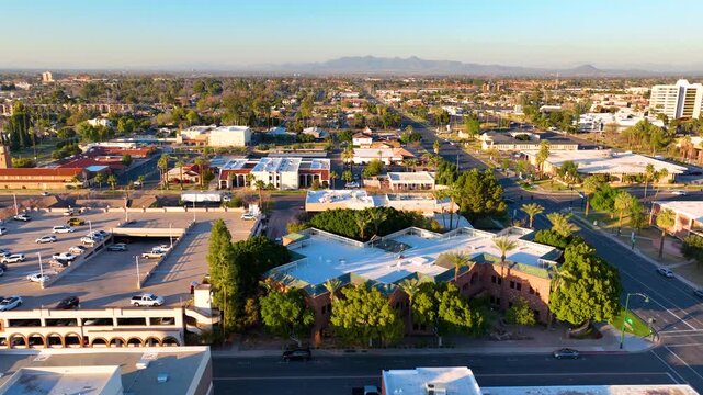 Mesa city center aerial view on Center Street at Pepper Place at sunset, Mesa, Arizona AZ, USA. 