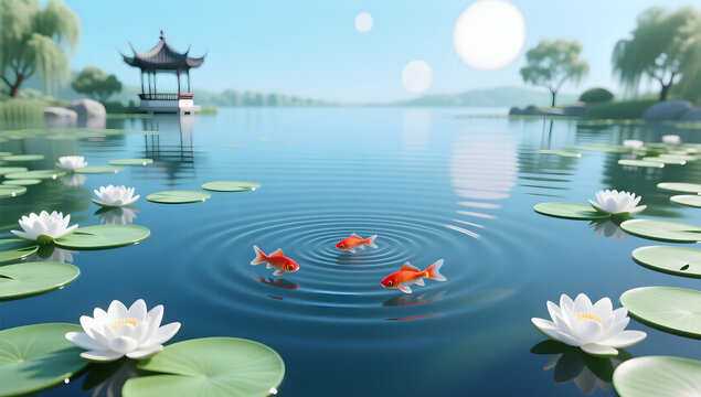 waterlily fish summer lotus pond garden scene