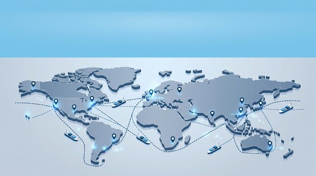 Isometric vector illustration of world map with shipping routes and cargo icons representing global logistics supply chain with copy space