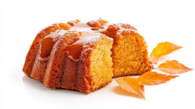 Sweet Autumn Bundt Cake: A delectable bundt cake, dusted with powdered sugar and drizzled with a glossy glaze, sits invitingly beside fallen autumn leaves, evoking the cozy warmth of the season.