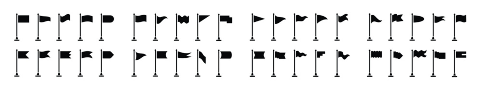 Black flag icons set, vector map pin flags in various shapes, minimalist location marker symbols for infographics and web design