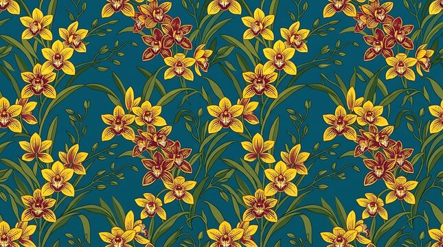 Seamless floral pattern with yellow orchids on dark teal background