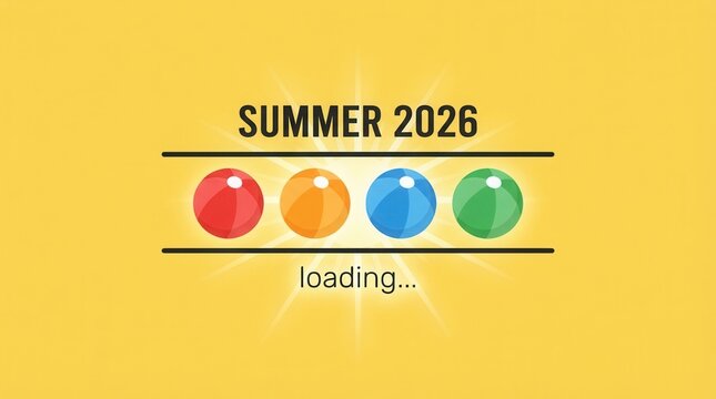 Minimalistic Summer 2026 Graphic Design with Colorful Beach loading message sun