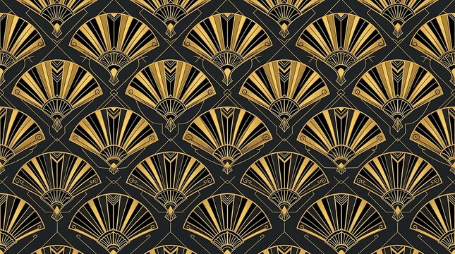 Art deco seamless pattern with gold decorative fans on black