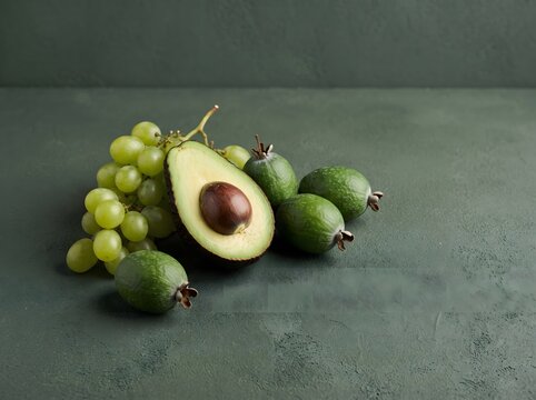 Ripe avocado, fresh green grapes, and feijoa fruits arranged naturally on a muted dark green background, ultra realistic studio food photography, premium commercial style