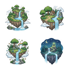 Obraz premium Floating islands with waterfalls trees and houses in different times of day
