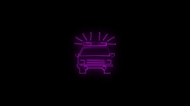 Car animation by blue neon icon on black background. Glowing neon Ambulance and emergency car line icon on the Alpha Channel 4k animation