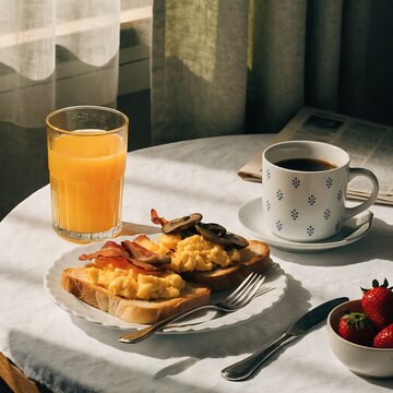 breakfast with coffee breakfast, coffee, food, cup, plate, dessert, tea, sweet, table, cake, drink, pastry, orange, snack, meal, white, delicious, morning, jam, bread, croissant, fruit, sugar, juice, 