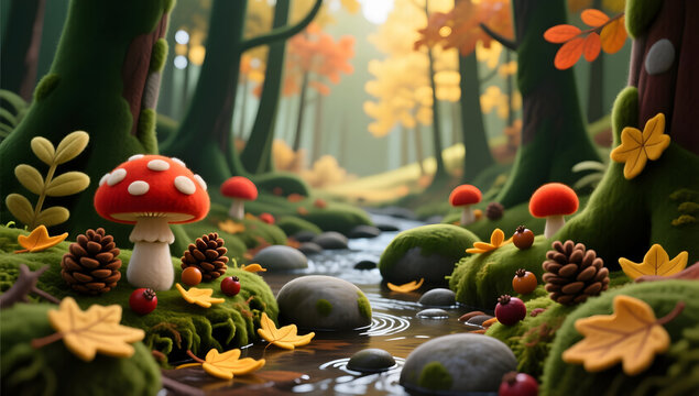 Golden autumn forest mushrooms felt illustration