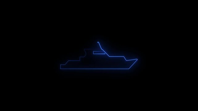 Speed boat icon glowing neon effect animation on black background. 4k motion HD video 
