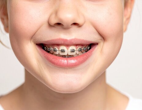 Close-up portrait of a smiling child with braces, pediatric orthodontics, dental confidence, smile transformation, with copy space