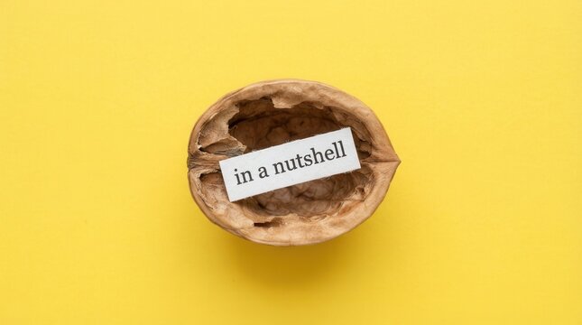 Nut shell flat lay on bright yellow background in a nutshell text placed inside walnut