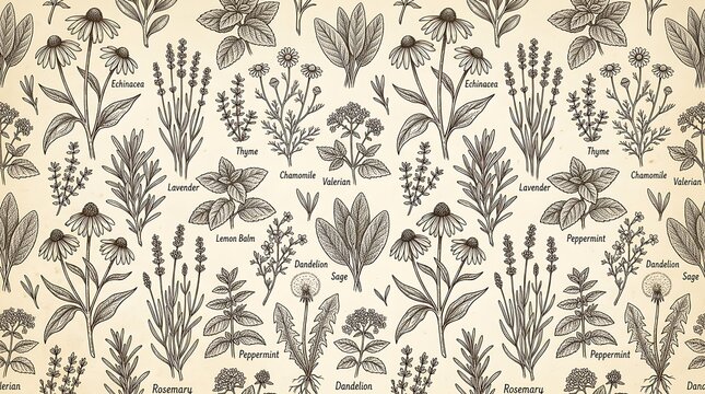 Vintage medicinal herbs and botanical plants seamless pattern