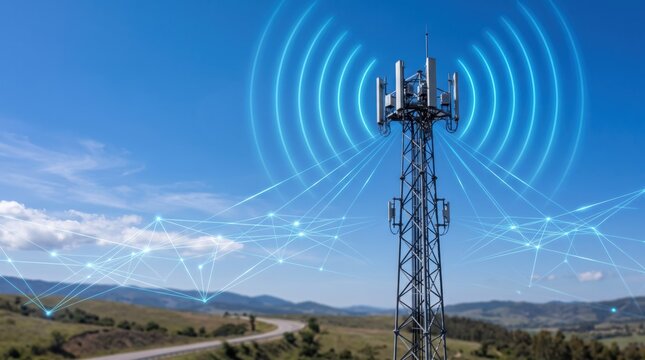 5G cell tower transmitting wireless signals across rural landscape, connected network nodes visualized as glowing lines, telecommunications infrastructure for IoT, smart cities