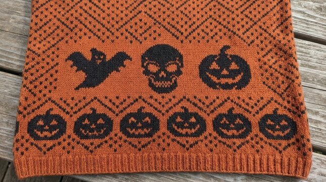 Halloween-themed Knitted Pattern with Orange, Black, Bat, Skull, Halloween ghost skull and pumpkin