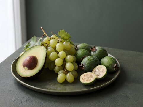Ripe avocado, fresh green grapes, and feijoa fruits arranged naturally on a muted dark green background, ultra realistic studio food photography, premium commercial style