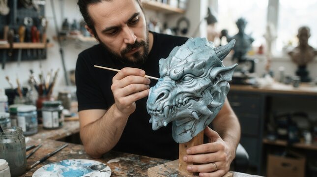 Artist painting metallic sculpture of creature's face in Movie makeup studio applying prosthetic plastic
