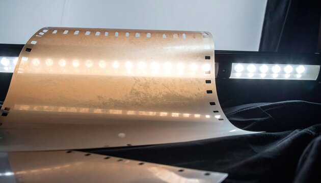 Backlit film strip roll in professional darkroom studio.