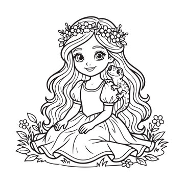 Cute little girl with long hair and a flower crown sitting with a small gecko lizard friend coloring page for kids vector design.