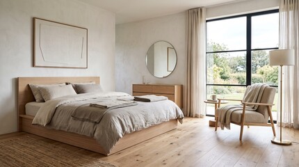 Fototapeta premium Chic minimalist bedroom design featuring ample natural light and inviting decor elements