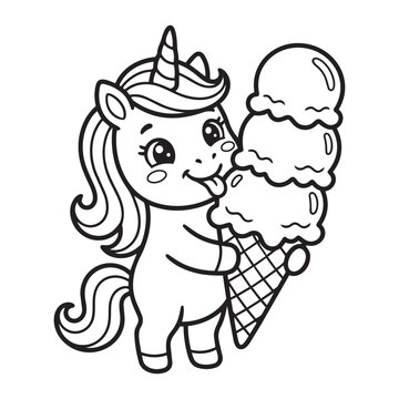 Cute little unicorn character holding a large triple scoop ice cream cone for coloring page for kids vector design.