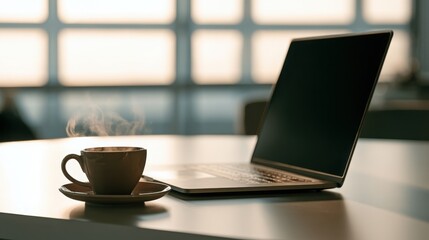 Fototapeta premium Modern Workspace Setup with Hot Steaming Coffee and Laptop