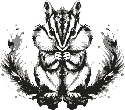 chipmunk with full cheeks and expressive eyes, surrounded by ink splash elements, a nature illustration