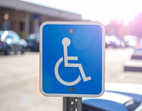Close-up view of blue and white handicap parking sign in shopping center parking lot on sunny day with blurred cars, accessibility concept, public facility photography, blurred