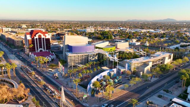 Mesa Arts Center aerial view at city center on Main Street and Center Street, Mesa, Arizona AZ, USA. 