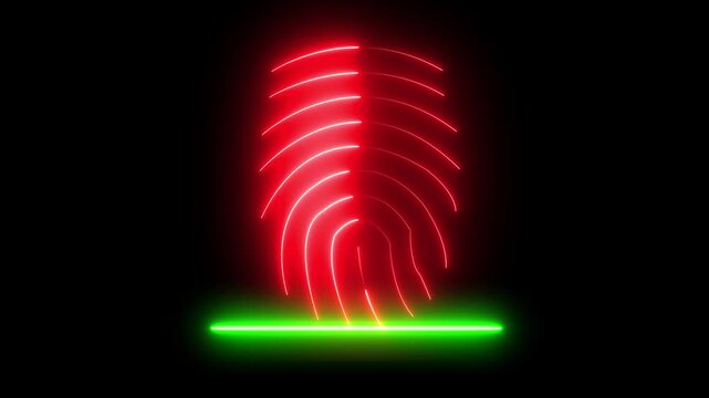 Glowing neon red  fingerprint scanning animation. fingerprint scanning neon sign video, fingerprint lock secure security , biometric icon set on black background. 4k vide