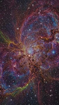 Rotating galactic space animation featuring vivid colorful nebula clouds glittering starfield and deep cosmic dust during interstellar journey