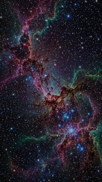 Deep space cosmic background with colorful sparkling stars and glowing nebula clouds slowly moving through the dark galaxy for science motion