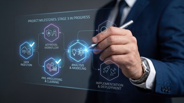 Businessman hand drawing project milestones workflow diagram on virtual screen showing data ingestion approval preprocessing analysis modeling implementation deployment stages