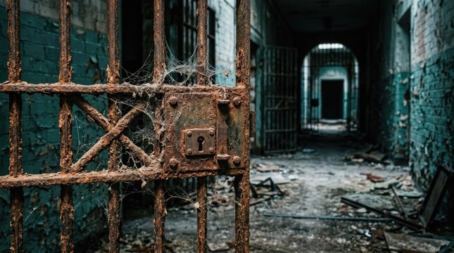Rusty prison bars in abandoned jail cell, eerie derelict penitentiary hallway, spooky ruined asylum interior with cobwebs