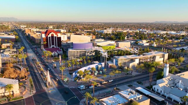 Mesa Arts Center aerial view at city center on Main Street and Center Street, Mesa, Arizona AZ, USA. 
