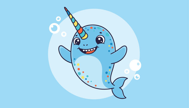 Adorable cartoon narwhal swimming happily with a rainbow colored unicorn horn and sparkling bubbles.