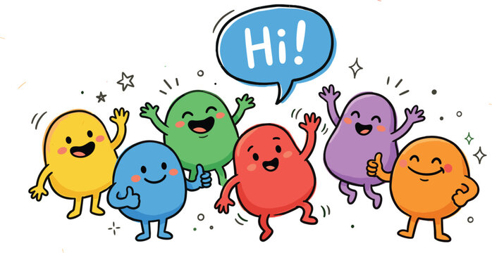 Cute Cartoon Monster Blob Characters Saying Hi with Speech Bubble and Joyful Expressions for Children Designs, Stickers, and Kids Concept Illustrations