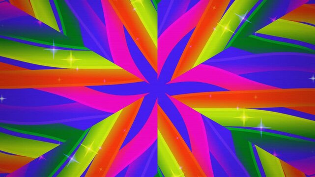 Vibrant abstract geometric background featuring colorful radial shapes and dynamic light rays converging at the center, creating a bold energetic visual for motion graphics