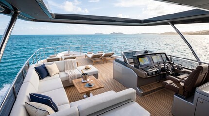 Luxurious yacht interior with scenic ocean view and comfortable seating for relaxation and leisure activities