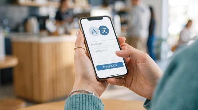 Person using language translation application on smartphone screen, communication technology, travel assistant, foreign language learning, mobile device usage, digital connectivity