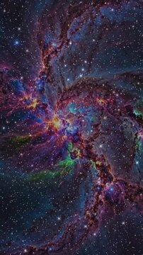 Swirling interstellar vortex displaying intense colorful gas formation surrounded by thousands of glittering stars in outer galaxy motion space