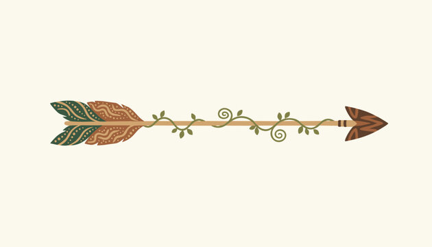 Horizontal bohemian tribal arrow decorated with feathers in green and brown patterns and wrapped in green leafy vine.
