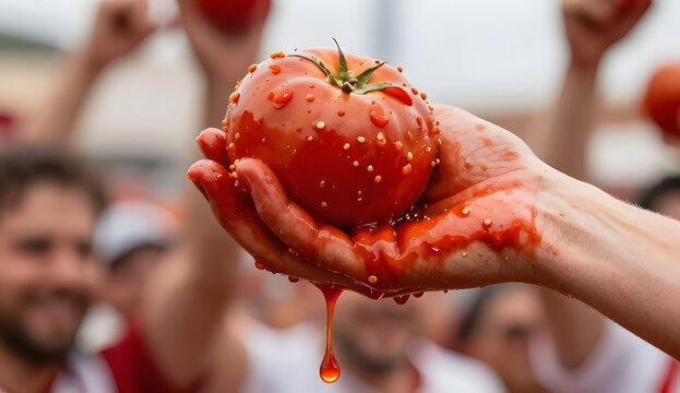 Macro shot of interlocked hands stained bright red from countless tomato throws, dripping tomato juice with seeds clinging to fingers, energetic La Tomatina festival in the soft-focus background