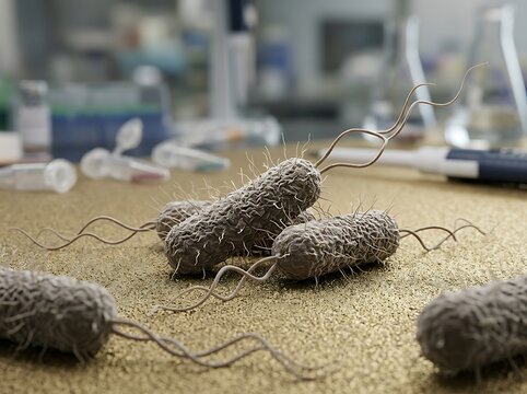 Photorealistic electron microscopy style visualization of Escherichia coli displaying elongated rod shaped bacterial cells with realistic membrane texture visible pili and fine flagella scientifically
