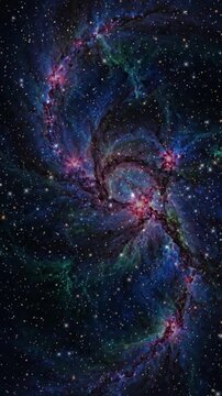 Deep blue cosmic swirling galaxy motion displaying glowing purple stars dark dust lanes and vibrant gas clouds moving through outer space
