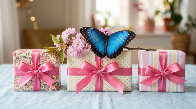 Cheerful and festive image of three gift boxes Enjoy International Women's Day on March 8
