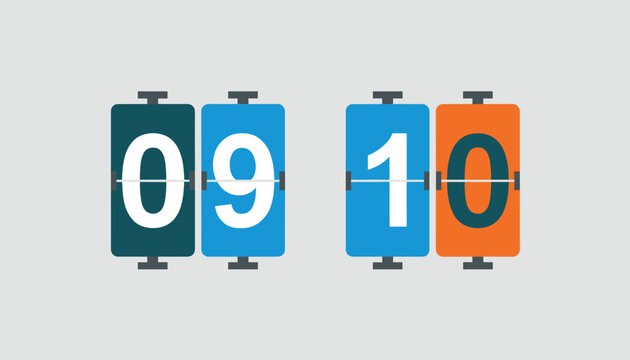 Retro style flip calendar scoreboard indicating numbers nine and ten in bold white text against a light gray backdrop.