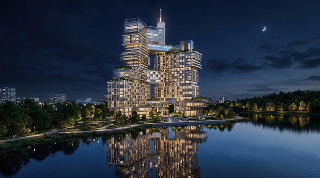 Modern High-Rise Building at Night with Glass and A collection of model office towers arranged by