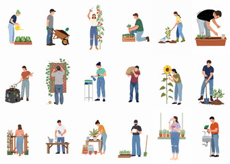 Fototapeta premium Set of people gardening and taking care of plants, including harvesting, planting, watering, and maintenance activities in flat illustration style