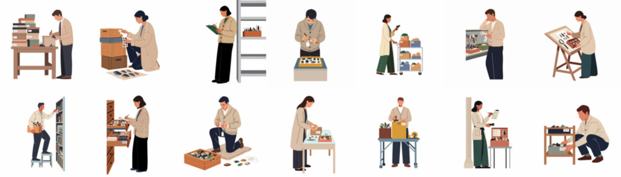 Set of flat vector illustrations depicting warehouse and archive workers cataloging, organizing, and packing various small items and artifacts in a professional workspace.